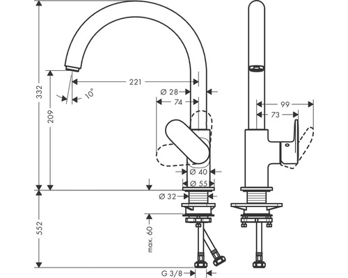 Technische tekening van een keukenkraan met afmetingen