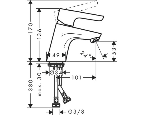 Technische tekening van een kraan met maatvoering