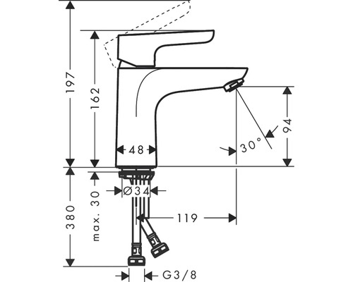 Technische tekening van een kraan met afmetingen