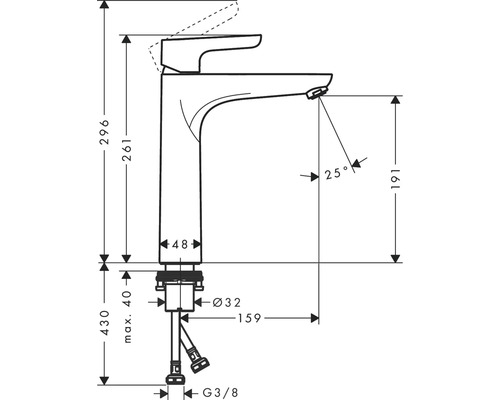 Technische tekening van een wastafelkraan met afmetingen