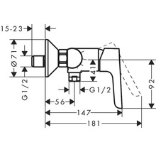 Technische tekening hoekventiel met maatvoering