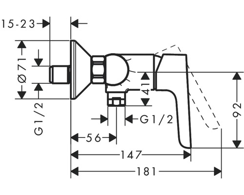 Technische tekening hoekventiel met maatvoering
