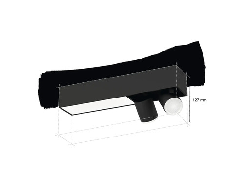 Plafondlamp met twee spots en maatvoering 127 millimeter.