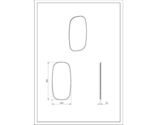 Technische tekening van een spiegel met de afmetingen 900 x 450 x 24 millimeter