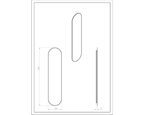 Technische tekening van een handdoekradiator met de afmetingen 1500 x 350 x 31 millimeter