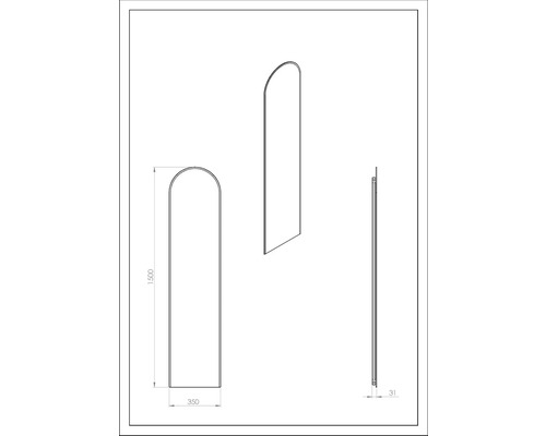 Technische tekening van een spiegel met de afmetingen 1500 x 350 x 31 millimeter.