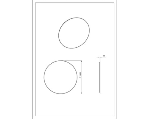 Technische tekening van een ronde spiegel met een diameter van 1000 millimeter en een diepte van 30 millimeter.
