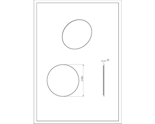 Technische tekening van een ronde spiegel met een diameter van 800 millimeter en een diepte van 30 millimeter.