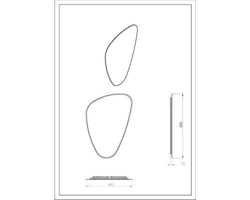 Technische tekening van een spiegel met afmetingen van 955 x 685 mm