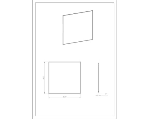 Technische tekening van een spiegel, vierkant, 800 x 800 mm