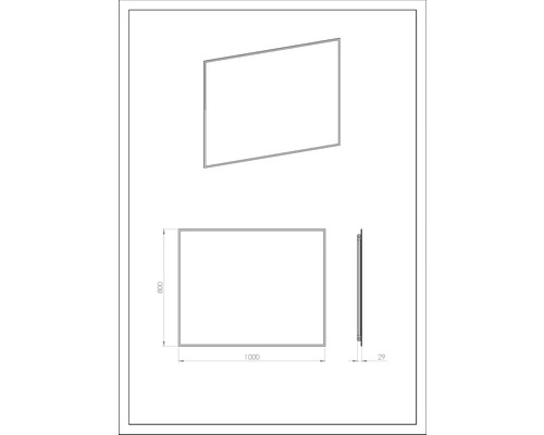 Technische tekening van een spiegel met afmetingen 1000 x 800 x 29 mm.