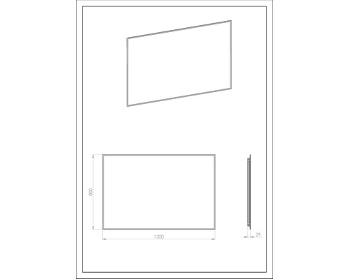 Technische tekening van een badkamerspiegel met afmetingen van 1200 x 800 x 29 mm