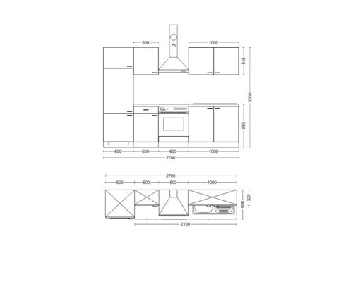 Keukenplan met afmetingen.