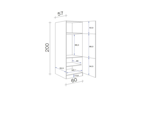 Technische tekening van een open hoge kast met afmetingen.