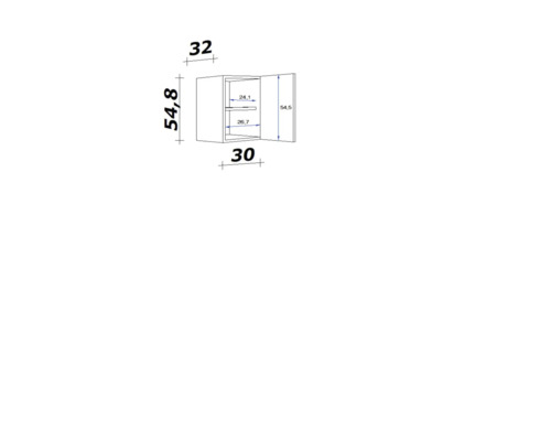 Technische tekening van een wandkast met afmetingen
