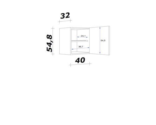Technische tekening van een hangkast met afmetingen