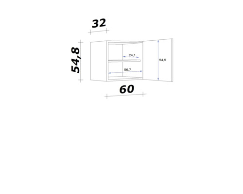 Technische tekening van een hangkast met afmetingen