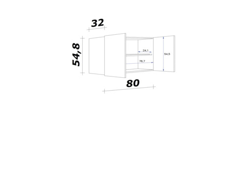 Technische tekening van een wandkast met afmetingen