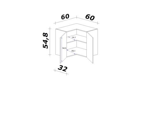 Technische tekening van een hoekkast met afmetingen