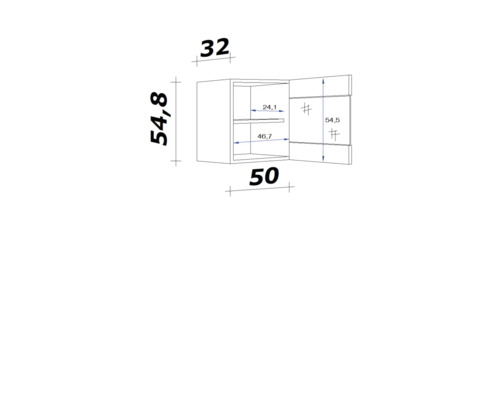 Technische tekening van een hangkast met afmetingen.