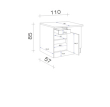 Technische tekening van een kast met lade en deur, afmetingen in centimeters