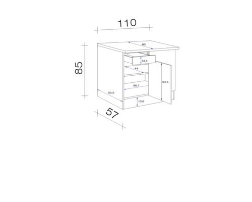 Technische tekening van een kast met lade en deur, afmetingen in centimeters
