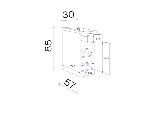 Technische tekening van een onderkast met lade en deur, inclusief afmetingen