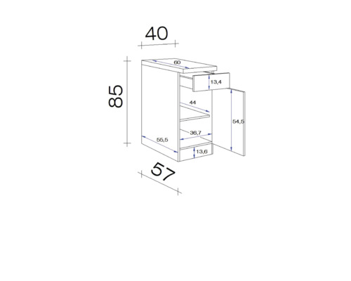 Maatschets van een onderkast met lade en deur met maatvoering