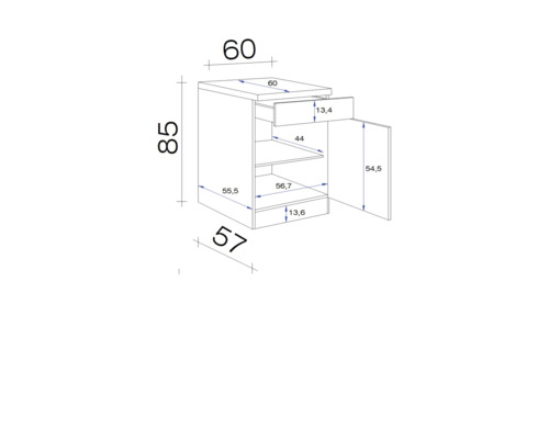 Tekening van een kast met lade en deur, met maataanduidingen in centimeters