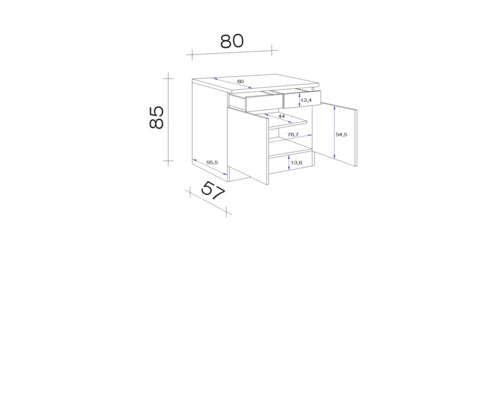 Technische tekening van een wastafelonderkast met afmetingen.