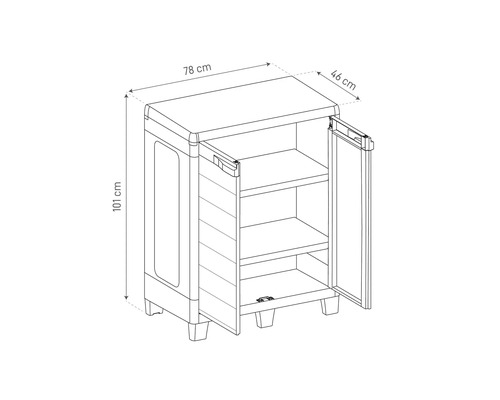 Afbeelding van een kunststof kast met afmetingen 78 x 46 x 101 cm
