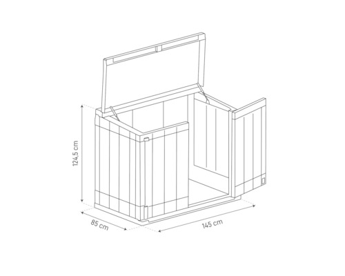 Technische tekening van een tuinkast met open deksel en open deuren, afmetingen 145 bij 85 bij 124,5 centimeter
