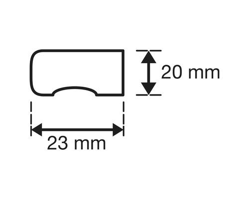 Technische tekening van een profiel met de afmetingen 23 mm en 20 mm.