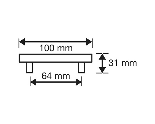 Technische tekening van een meubelgreep met maatvoering: 100 mm totale lengte, 64 mm gatafstand, 31 mm hoogte.