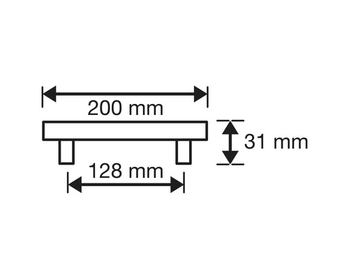 Technische tekening van een meubelgreep met de afmetingen 200 mm breed, 128 mm gatafstand en 31 mm hoog.