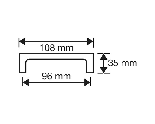 Technische tekening van een handgreep met de afmetingen 108 mm breedte, 96 mm boorgatafstand en 35 mm hoogte.
