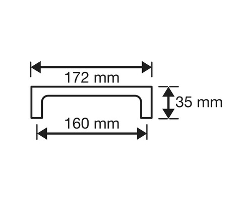 Technische tekening van een meubelgreep met afmetingen van 172 mm breedte, 160 mm gatafstand en 35 mm hoogte