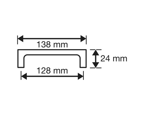 Technische tekening van een meubelgreep met maatgegevens: 138 mm (totale lengte), 128 mm (boorgatafstand) en 24 mm (hoogte).