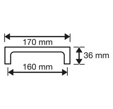 Technische tekening van een meubelgreep met afmetingen: 170 mm totale breedte, 160 mm gat afstand, 36 mm hoogte.
