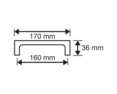 Technische tekening van een meubelgreep met afmetingen: 170 mm totale breedte, 160 mm gat afstand, 36 mm hoogte.