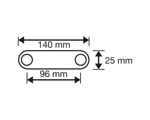 Technische tekening van een lip met de afmetingen 140 mm lengte, 96 mm gatafstand en 25 mm breedte