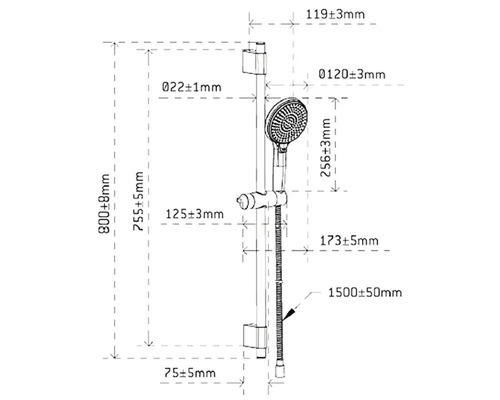 Maattekening douchestang met handdouche en slang