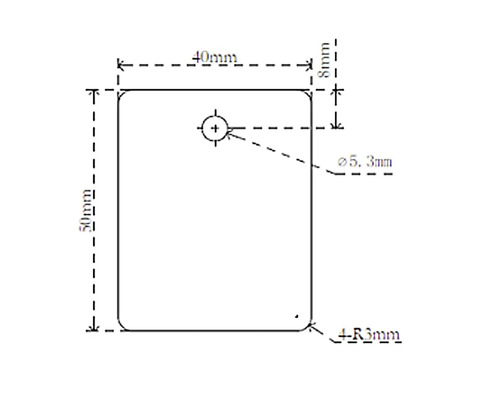 Technische tekening van een plaat met afmetingen van 50 bij 40 millimeter en een boring met een diameter van 5,3 millimeter