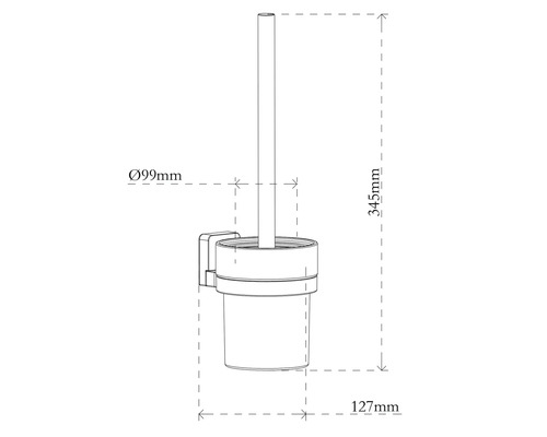 Technische tekening van een wandtoiletborstelgarnituur met de afmetingen: diameter 99 millimeter, hoogte 345 millimeter, diepte 127 millimeter