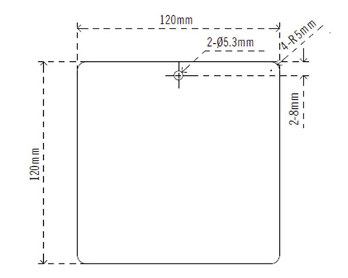Technische tekening van een vierkante plaat met afmetingen van 120 bij 120 millimeter