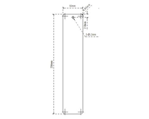 Technische tekening met afmetingen voor een product: 250 mm lang, 50 mm breed, boringen met een diameter van 5,3 mm.