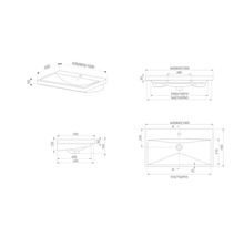 Technische tekening van een wastafel met afmetingen.