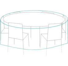Schets van een tuintafel met stoelen en een hoes