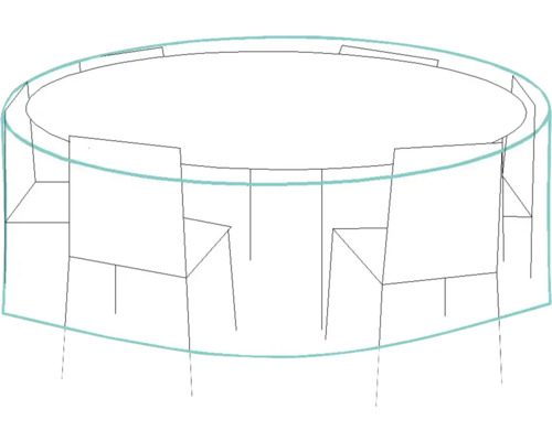 Schets van een tuintafel met stoelen en een hoes