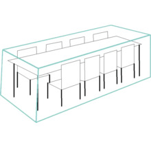 Tekening van een lange tafel met stoelen in een kamer